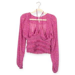 Free People Pink Lolita Floral Print Smocked Ruffle Long Sleeve Blouse